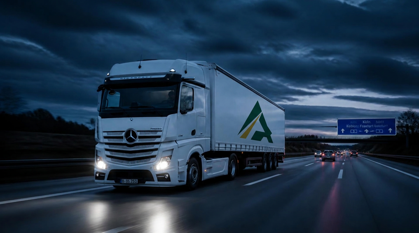 LKW der Alpecta Transport & Logistik GmbH auf der Autobahn in der Dämmerung